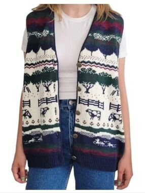 Northern Reflections Farm Scene Pasture Granny Cow Duck Apple Tree Sweater Vest
